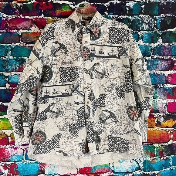 Vintage Van Heusen 417 Over Easy Nautical Theme Long Sleeve Button Down Shirt M - Picture 1 of 10